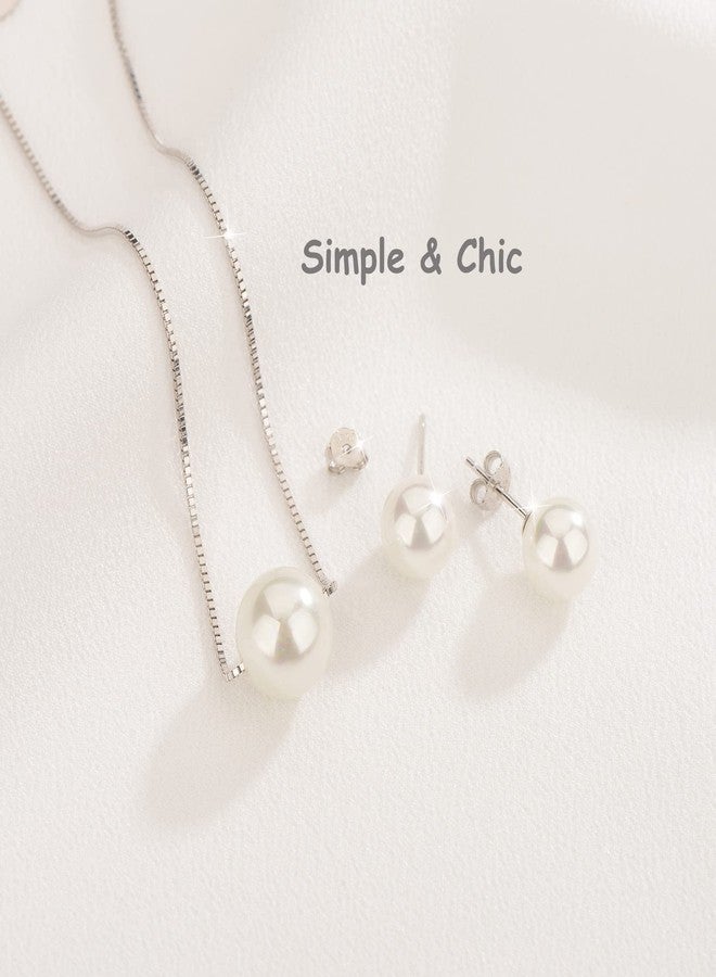 Aocelly Pearl Necklace and Earring Set for Women Sterling Silver, Single Pearl Jewelry Set for Women Simple Pearls Neckalces Sets Wedding Jewelry for Brides Bridesmaid Gifts - Image 5